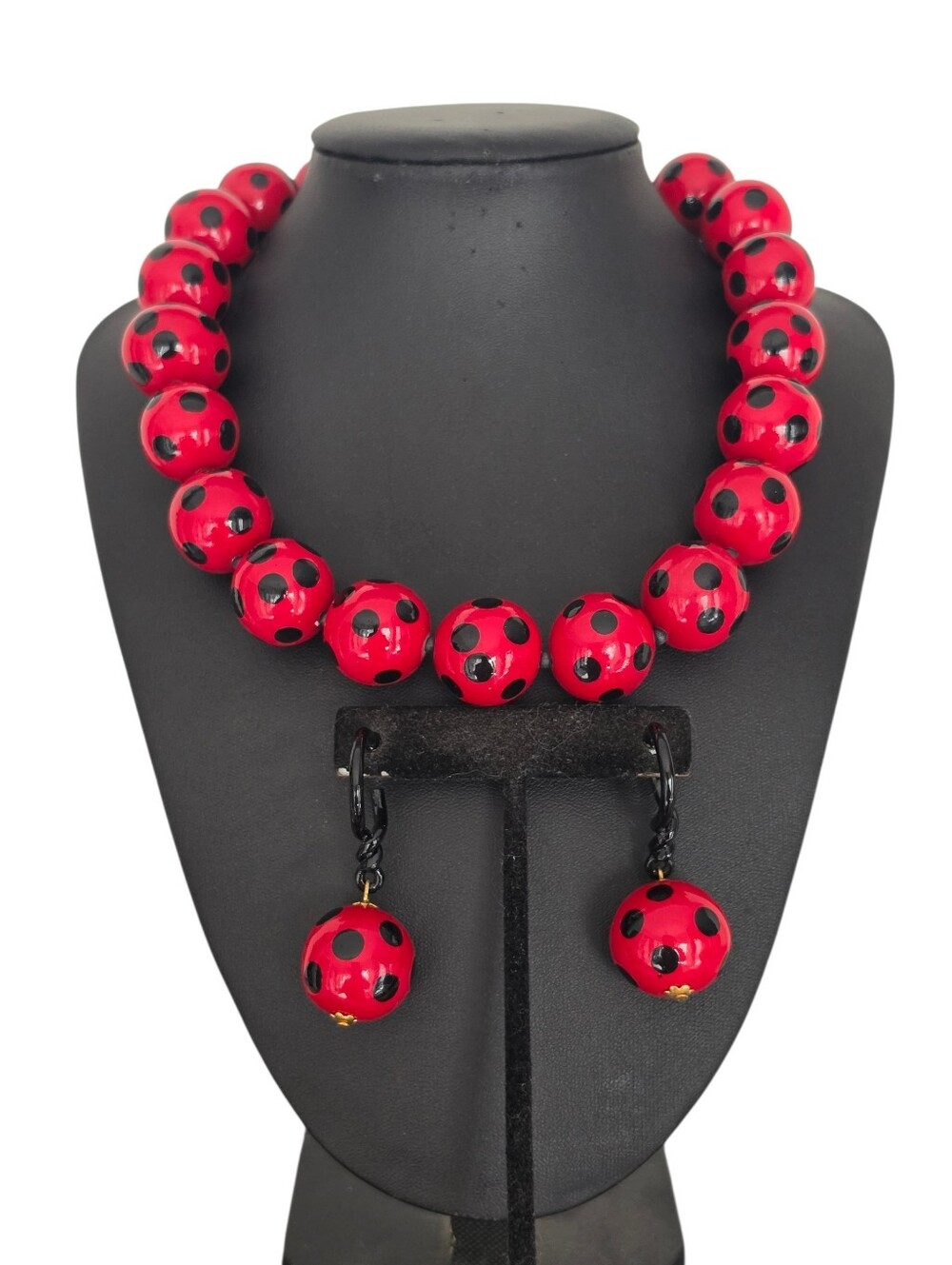 Red Black Polka Dot Chunky Acrylic Bead Necklace Earrings Set Ladybug Style